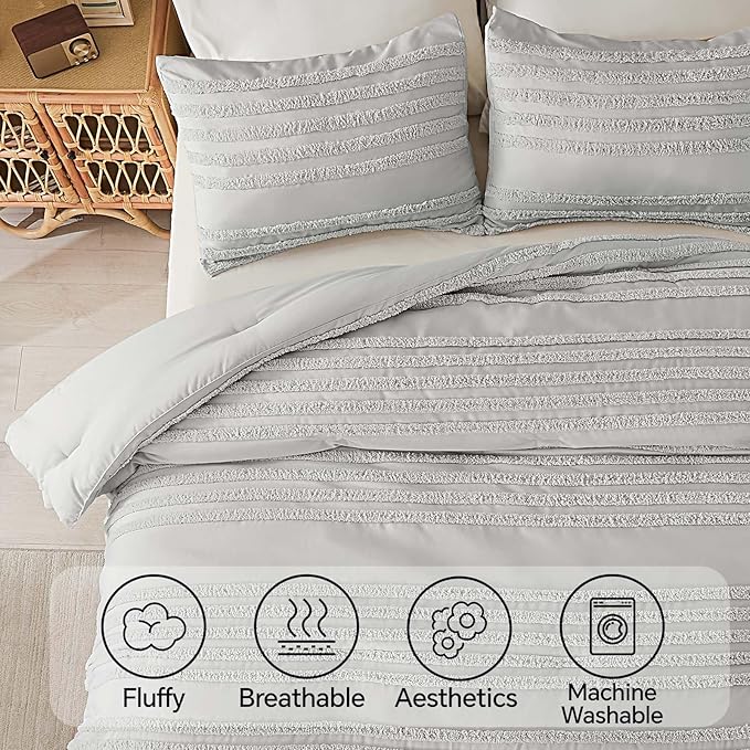 BEDELITE Boho Twin/Twin XL Comforter Set，Light Grey Tufted Striped Bed Set 2 Pieces, Soft Vintage Farmhouse Comforter for College, Boho Home Dorm Decor, Fluffy Jacquard Bedding with 1 Pillow Sham