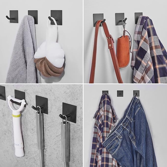 Heavy Duty Adhesive Hooks, Stick on Wall Adhesive Hangers, Strong Stainless Steel Holder, Self Adhesive Hooks for Kitchen Bathroom Home Door Towel Coat Key Robe 6 Packs Black