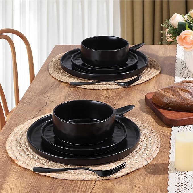 LIANYU Dinnerware Dishes Sets for 4, 12 Piece Stoneware Dinner Plates and Bowls Set, Ceramic Dinning Dishware Includes Salad Plate, Cereal Bowls, Chip Resistant & Dishwasher Safe, Obsidian Matte Black