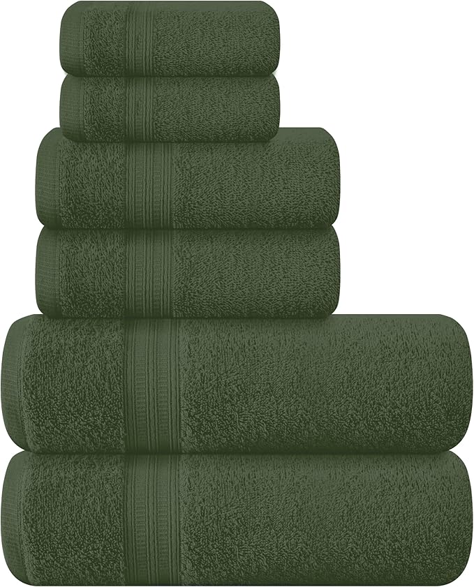 BOUTIQUO 6 Pack Cotton Towel Set, Contains 2 Bath Towels 27x54 inch, 2 Hand Towels 16x24 inch & 2 Wash Coths 12x12 inch, Ideal Everyday use, Ultra Soft Compact & Lightweight - Olive Green