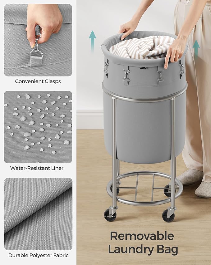 SONGMICS 18.5-Gallon (70 L) Laundry Basket with Wheels, Rolling Round Heavy-Duty Laundry Hamper Cart with Steel Frame and Removable Bag, 2 Locking Wheels, Gray and Metallic Silver URLS006G01