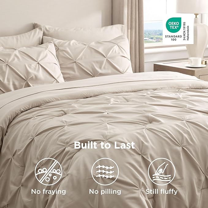 Bedsure Oversized King Comforter Set Beige - Bed in a Bag Bedding Set 7 Pieces, GentleSoft™ Pintuck Bed Set Gift for Family, Pinch Pleat Beige Comforter with Sheets, Pillowcases & Shams