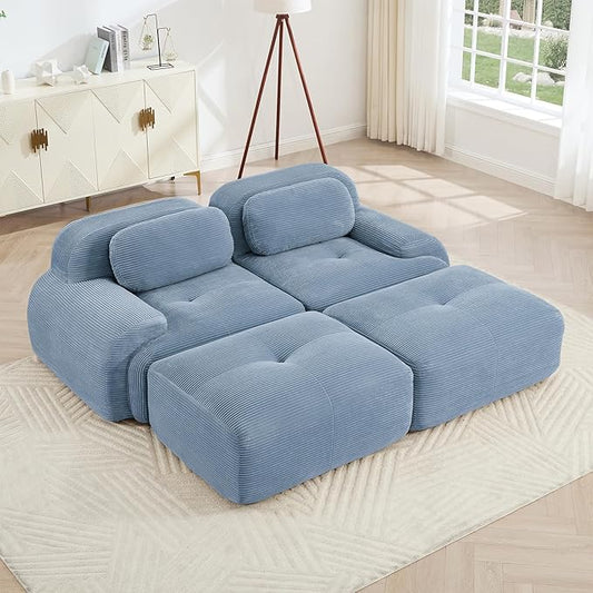 80" Modern Corduroy Boneless Love Seat Couches with 2 Ottomans, 2 Seater Large Sectional Couches for Living Room, Blue Cloud Modular Sectional Sofa, Memory Foam, Extra Deep Loveseat, No Assembly