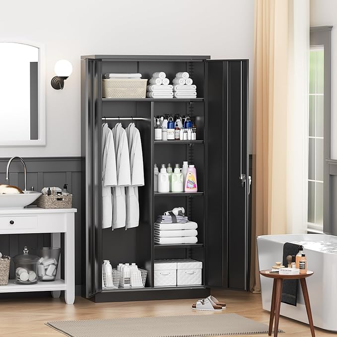 INTERGREAT Metal Wardrobe Closet, 72" Black Locking Storage Wardrobe Cabinet with Locking Doors and Adjustable Shelves, 18" D x 36" W Tall Steel Clothes Storage for Office, Home, School, Gym
