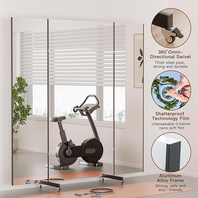 brisafe Full Length Mirror with 360° Wheels, 79"x71" Foldable Floor Mirror with Nano-Tech Shatterproof Film - Ultra-Large Mobile Mirror for Home Gym, Dance Studio & Commercial Spaces (Black)