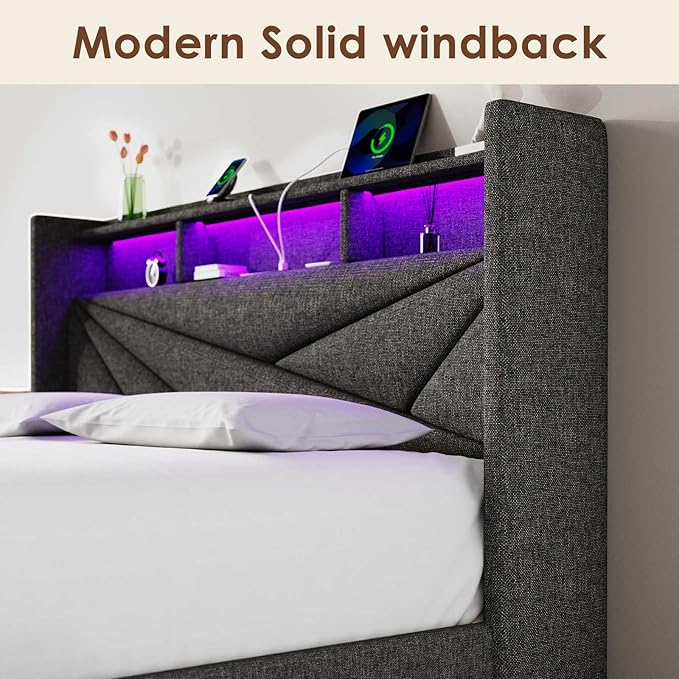 LED King Size Bed Frame with 2 Storage Drawers, Upholstered King Bed Frame with Headboard and Charging Station, No Box Spring Needed, Easy to Assembly-Dark Grey