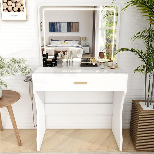 Vanity Desk, Makeup Vanity with LED Light Mirror, Small White Vanity with a Super Large Drawer and Power Outlet, 3 Color Lighting Modes Makeup Table for Bedroom, Dressing Room