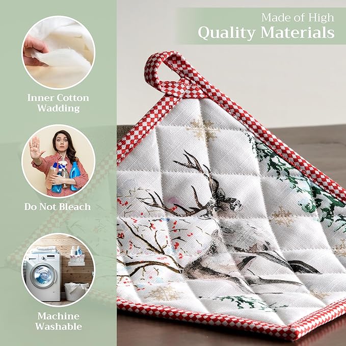 Maison d' Hermine Pot Holders Set 100% Cotton Heat Resistant Potholders 8" x 8" Hot Pads with Loop for Thanksgiving Christmas Decorations BBQ Baking Handling Hot Pans (Pack of 2, Rural Christmas)