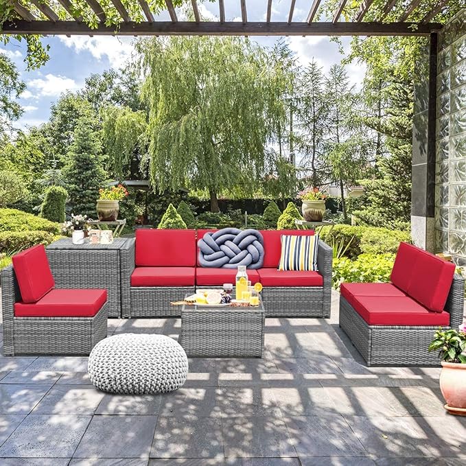 HAPPYGRILL 8 Piece Patio Furniture Set Outdoor PE Rattan Conversation Set with Storage Box, Sectional Wicker Sofa Set with Coffee Table and Cushions for Garden Backyard