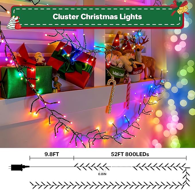 Christmas Cluster Lights Plug-in -52FT 800 LED Firecrackers String Lights,8 Modes Timer Waterproof Twinkle Fairy Lights for Christmas Tree Garland Party(Multicolor)