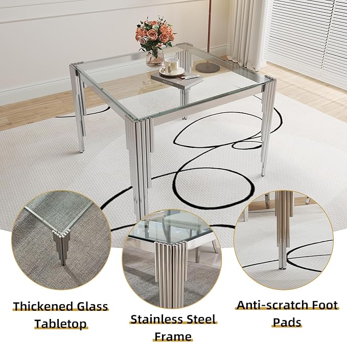 3 Piece Glass Dining Table Set, 35" Square Glass Kitchen Table with 2 White Velvet Upholstered Chairs, Silver Dining Table for 2 with Chairs Set for Kitchen, Living Room