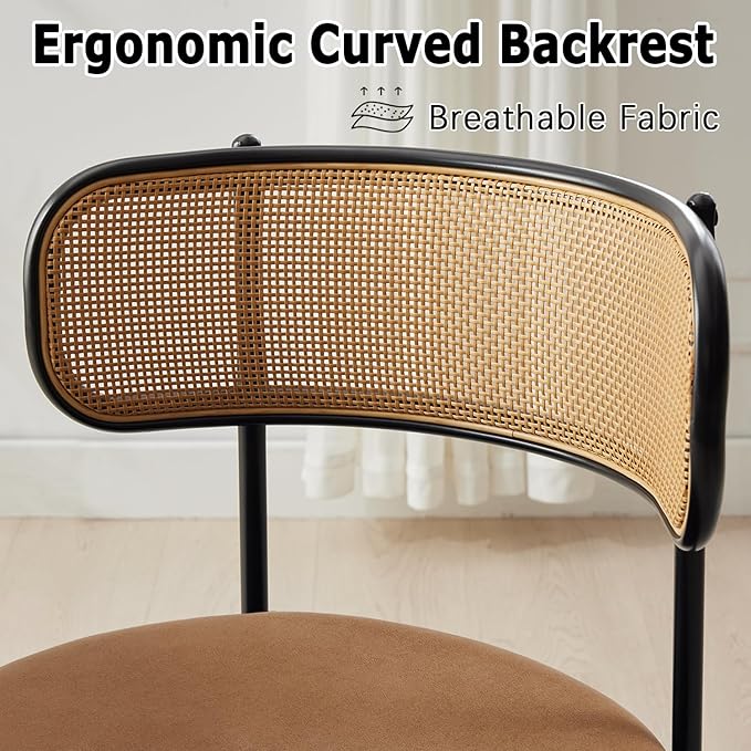 Rattan Dining Chairs Set of 8, Mid Century Modern Dining Chairs with Cane Back and Boucle Upholstered Seat, Farmhouse Kitchen Chairs for Dining Room and Living Room, Brown