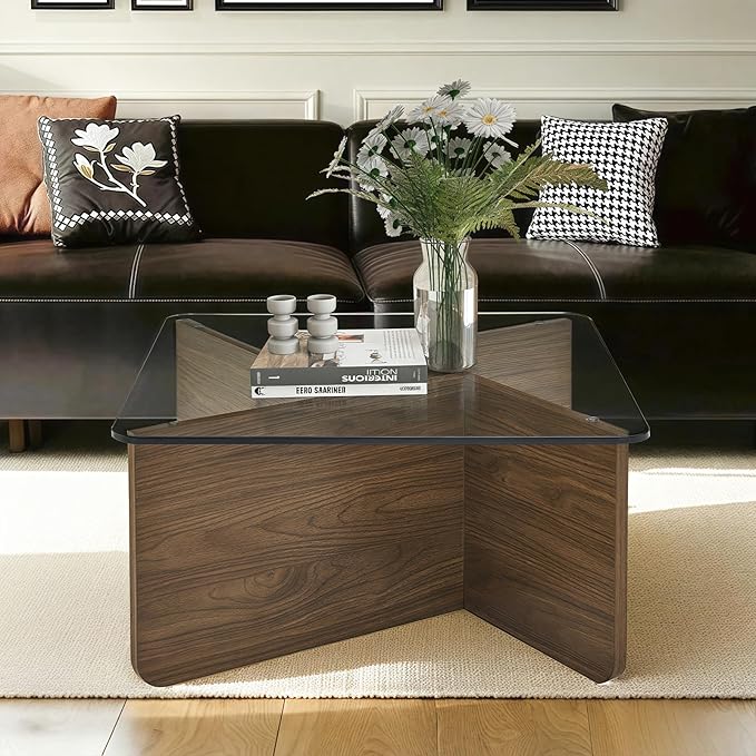 LKTART 31.5" Glass Coffee Table, MDF Mid-Century Modern Square Coffee Table with Tempered Glass Top, Square Center Tables for Small Space Living Room Office Apartment, Walnut