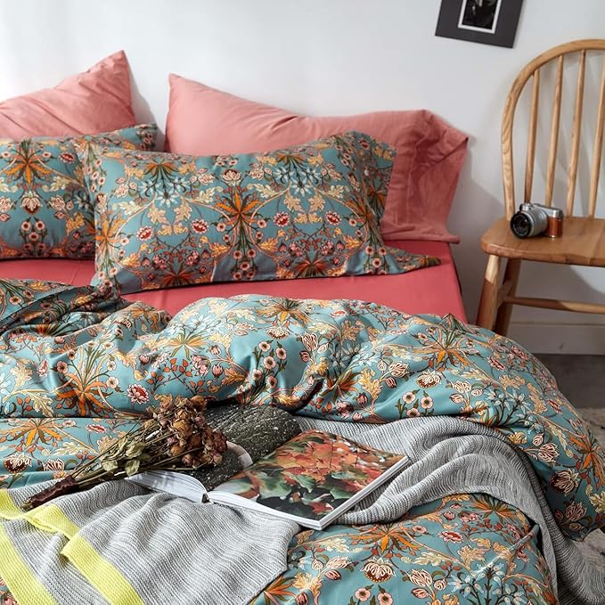 Vintage Flower Duvet Cover Full Percale Cotton Medallion Print Floral Bedding Set Full Farmhouse Bohemian Flower Comforter Cover with 2 Pillowcases Aesthetic Boho Duvet Cover with Zipper Closure
