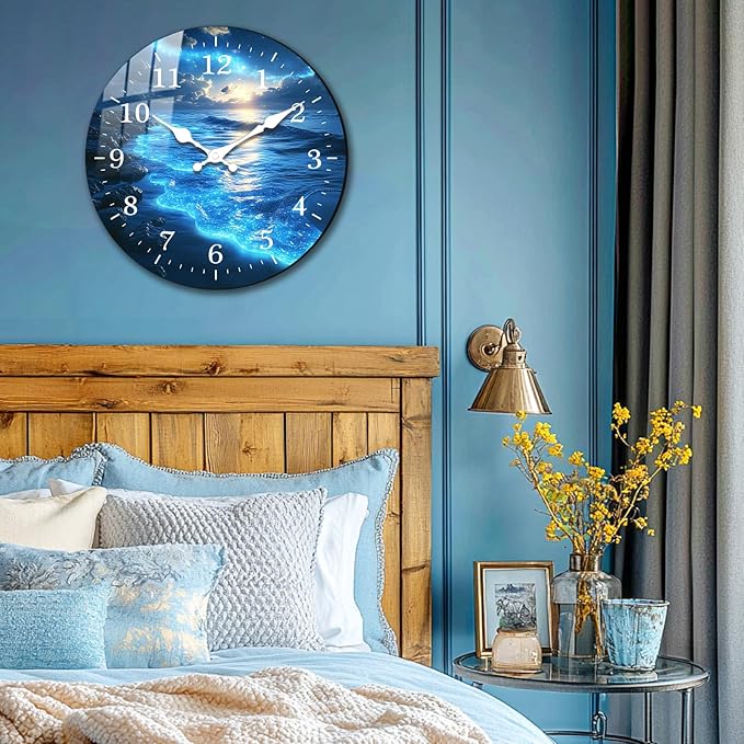 Extra Large Coastal Wall-Clock 20 Inch Blue Beach Wall Clock Round Wooden Silent Clocks for Living Room, Kitchen, Office Wall Decor Battery Operated