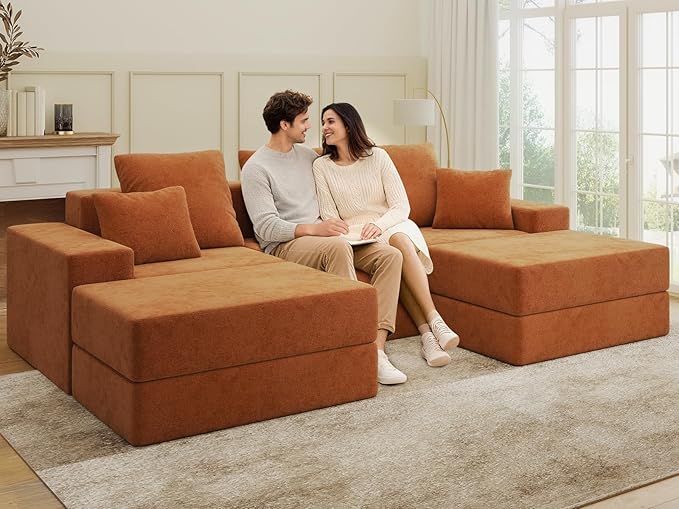 Living&Giving 101" U-Shaped Cloud Sectional Couch for Living Room, Cloud Boneless Couch-No Assembly with Reversible Chaise, Customizable 3-Seat Modular Sectional Sofa with 2 Ottoman, Orange