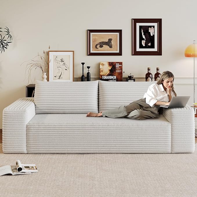 71" Boneless Loveseat Sofa - Cloud Couch with Memory Foam, Comfy Deep Seat - Corduroy Floor Sofa, No Assembly Required - Small Space Friendly for Living Room, Bedroom, Apartment, White