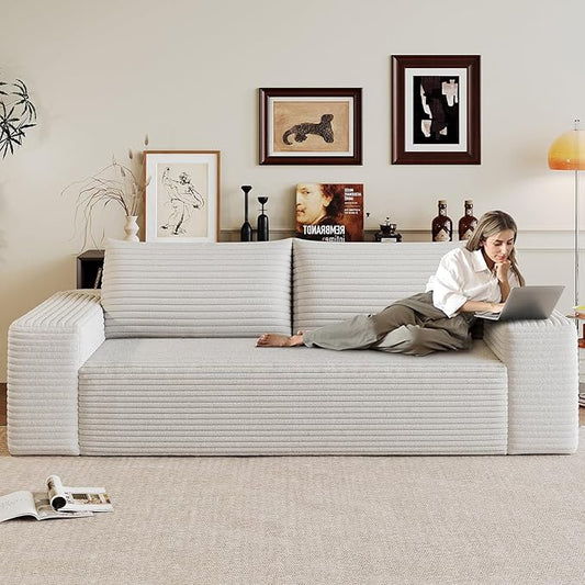 71" Boneless Loveseat Sofa - Cloud Couch with Memory Foam, Comfy Deep Seat - Corduroy Floor Sofa, No Assembly Required - Small Space Friendly for Living Room, Bedroom, Apartment, White