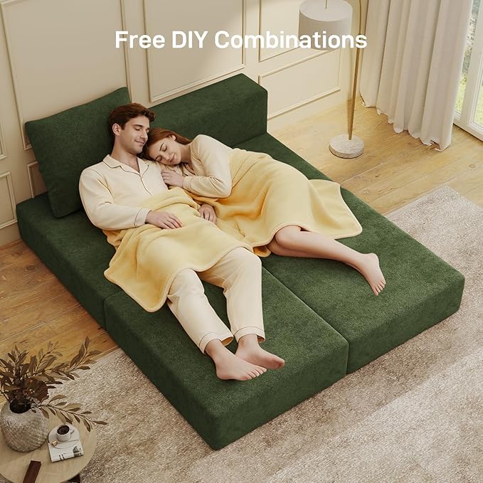 Living&Giving Cloud Sectional Couch for Living Room, Modular Boneless Couch with 1 Ottoman, Middle-seat Can Be Combined with Modular Sofa, Customizable Layout for Any Space, Green