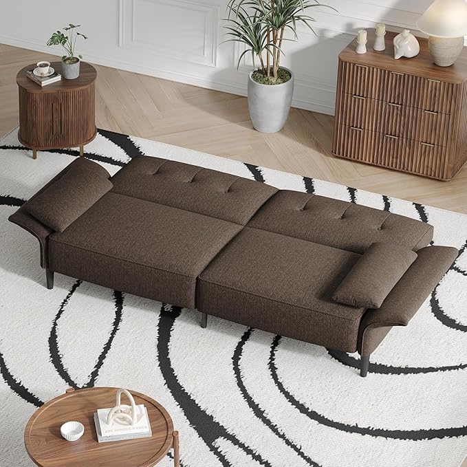 89” Futon Sofa Bed,Comfy Futon Couch Bed with 2 Square Pillows,Convertible Sleeper Sofa with Adjustable Backrest& Armrests, Modern Loveseat Sleeper for Living Room, Bedroom, Linen Brown