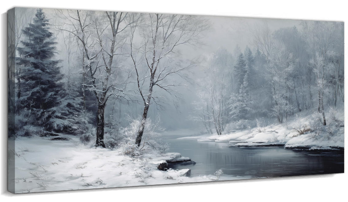 TEPAKIHI Winter Landscape Canvas Wall Art for Living Room Bedroom, Snowy Nature River Forest Picture, Winter Scene Painting Home Decor (16x32 inches)