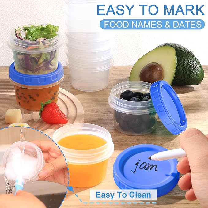 24 Pcs 4 oz Plastic Containers with Screw Lids, Reusable 1/2 Cup Small Food Storage Containers, Airtight Freezer Containers, Microwave & Dishwasher Safe, with Pen and Brush