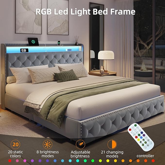 BRELTAM King Size Bed Frame with 4 Storaged Drawers,Upholstered Velvet Tufed Bed Frame with LED Light and Charging Station,Platform Bed Frame with Headboard Heavy Duty Wood Slats,Bluish Grey