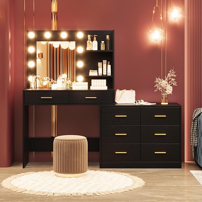 GarveeHome 61 in Make up Vanity Desk with Mirror and Lights, Black Vanity with 8 Wide Storage Drawers & 2 Tier Shelves, 3 Lighting Modes with Adjustable Brightness for Bedroom