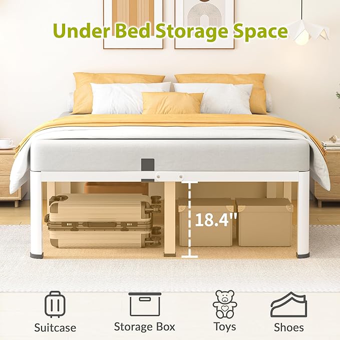 20 Inch Queen Size Metal Bed Frame with Round Corners, Storage Space Under High Bed Frame-Heavy Duty Steel Slats Support, Noise Free - Easy Assembly - No Box Spring Needed,White