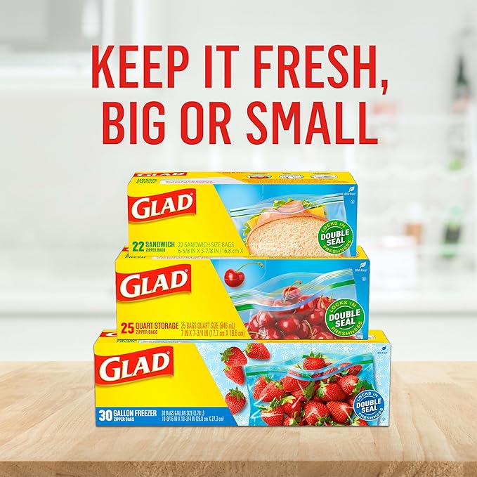 Glad Zipper Food Storage Plastic Bags, Quart, 50 Count (Package May Vary)