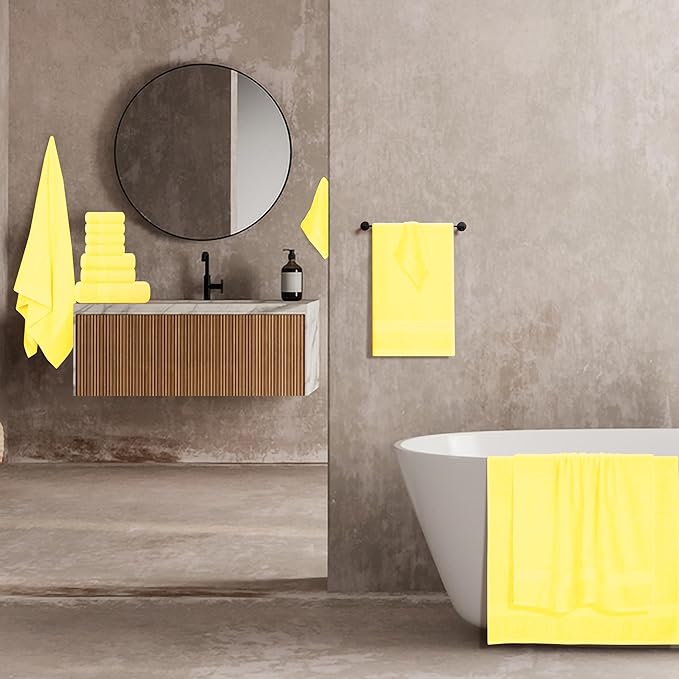 BOUTIQUO 24 Pack Cotton Towel Set, Contains 6 Bath Towels 27x54 inch, 6 Hand Towels 16x24 inch & 12 Wash Coths 12x12 inch, Ideal Everyday use, Ultra Soft Compact & Lightweight - Lime Yellow