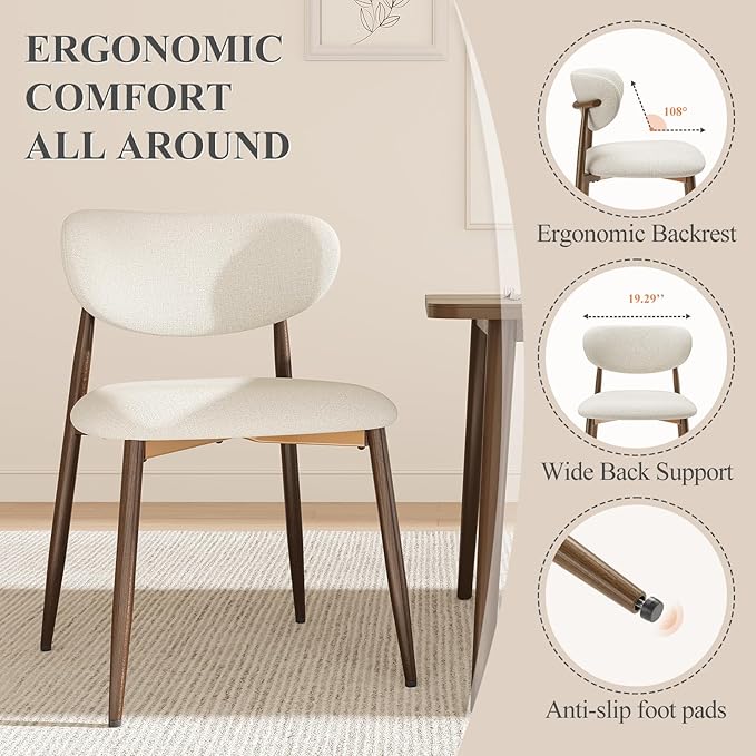 Dining Chairs Set of 2, Upholstered Dining Room Chairs with Metal Legs and Anti Slip Pads, Curved Back Kitchen Chair for Home and Restaurant Use, Beige