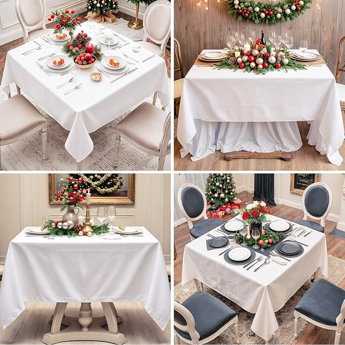 Square Tablecloth 52 x 52 Inch White 2 Pack Tablecloths Stain-Wrinkle Resistant Washable Polyester Table Cloths for Holiday, Buffet Parties, and Weddinge