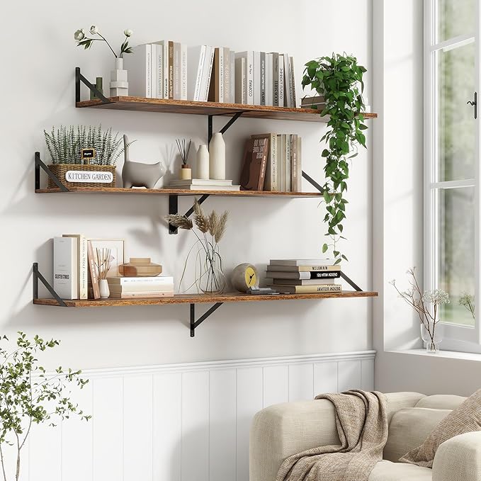12 Inch Deep Floating Shelves,48W x 12D Floating Shelves, Deep Wall Shelves Bracket Set of 2, Large Display Floating Shelf for Bathroom, Living Room, Wide Storage Wooden Wall Shelf, Rustic Brown