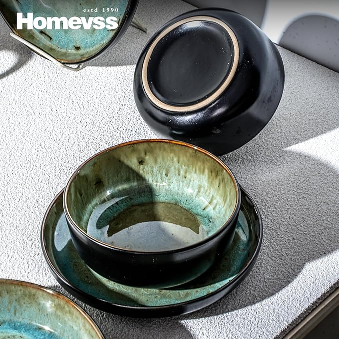 HomeVss 20-Piece Dinnerware Set - Serves 4, Reactive Glaze Bubble Green Plates & Bowls Set | Microwave & Dishwasher Safe Dishes Set