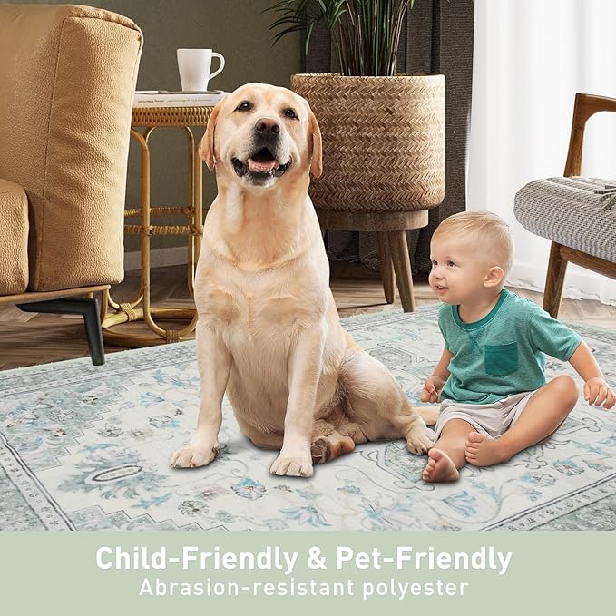 8x10 Soft Washable Area Rugs for Living Room and Bedroom, Non-Slip Stain Resistant Indoor Carpet, Cozy Floor Mat for Dining Room, Office, Under TableStain Resistant Green Floral