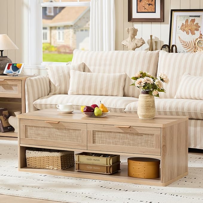 LEYAOYAO Boho Rattan Coffee Table and End Table Sets, 48" Wide Center Tables & 23" Night Stand with 3 Drawers, Natural Wood Coffee Table for Living Room 2 Piece Set