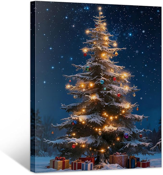 Framed Christmas Pictures Wall Decor,Vintage Pine Tree Prints,Winter Christmas Canvas Wall Art Decoration for Bedroom Bathroom Living Room Rustic Xmas Holiday Gifts (Christmas Tree 13, 16'' X 24'')
