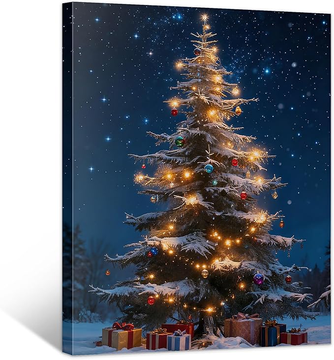 Framed Christmas Pictures Wall Decor,Vintage Pine Tree Prints,Winter Christmas Canvas Wall Art Decoration for Bedroom Bathroom Living Room Rustic Xmas Holiday Gifts (Christmas Tree 13, 20'' X 32'')
