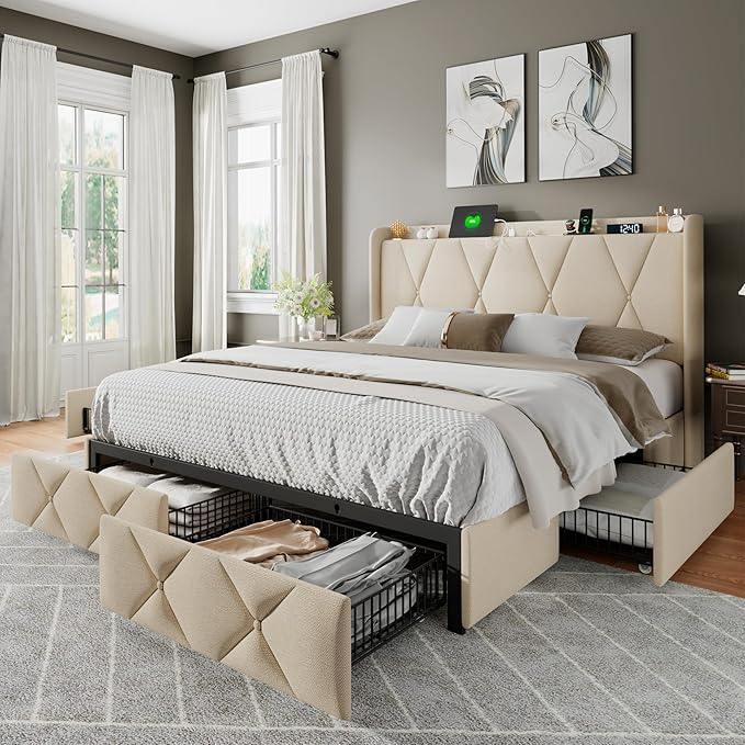 Feonase Queen Bed Frame with 4 Storage Drawers, Upholstered Button Tufted 4" Storage Headboard with Fast Charging Station, Heavy Duty Slats Support, No Box Spring Needed, Noise-Free, Beige