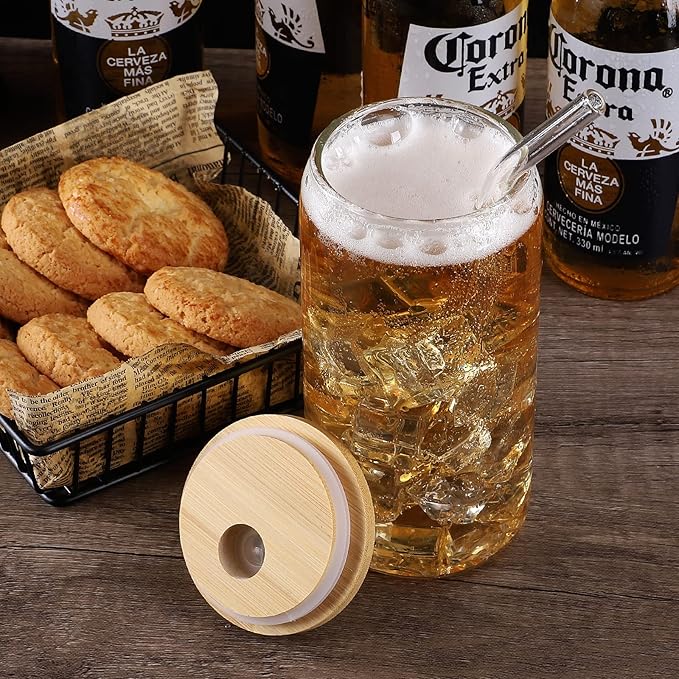 Glass Cups with Lid and Straw, 16oz Beer Glasses Coffee Cups, Iced Coffee Cups with Straw, Glass Tumbler (2 PACK)