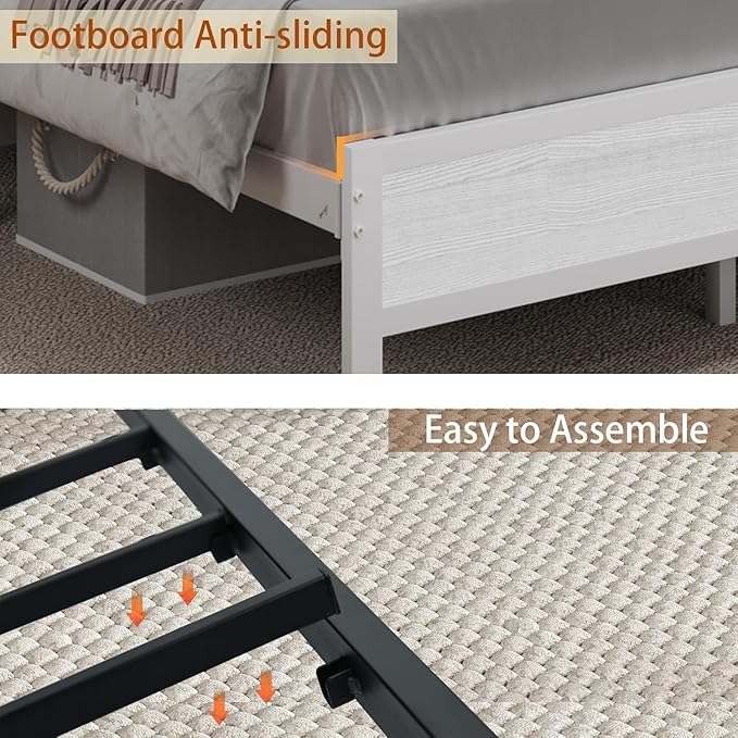 King Bed Frame with LED Lights and Charging Station, Metal Platform Bed Frame King with Upholstered Storage Headboard, Heavy Duty Metal Slats, No Box Spring Needed, Easy Assembly, White