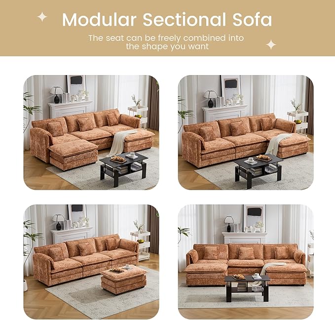 112" U Shaped Modular Sectional Sofa, 3 Seater Comfy Cloud Couch with Movable Ottoman, Deep Seat Couches for Living Room, Bedroom, Apartment (Orange)