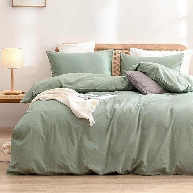 BESTOUCH Duvet Cover Set 100% Washed Cotton Linen Feel Super Soft Comfortable Chic Lightweight 3 PCs Home Bedding Set Solid Green Super King Plus