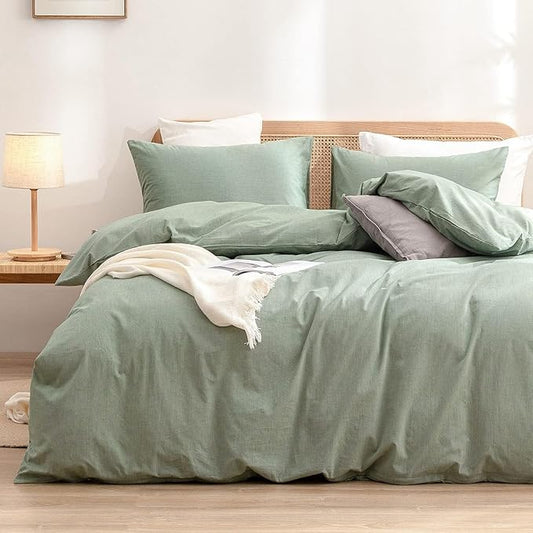 BESTOUCH Duvet Cover Set 100% Washed Cotton Linen Feel Super Soft Comfortable Chic Lightweight 3 PCs Home Bedding Set Solid Green Super King Plus