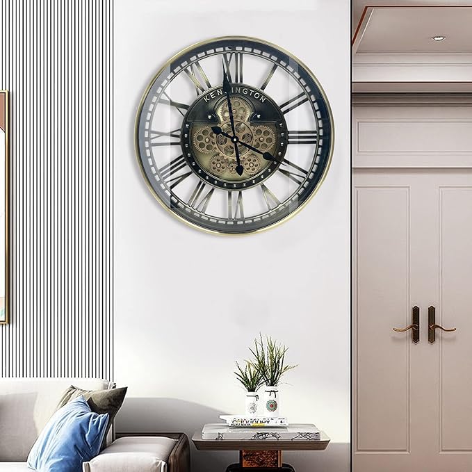 Real Moving Gears Wall Clock Large Modern Metal Clocks for Living Room Decor, Industrial Steampunk Unique Vintage Rustic Decorative Clock for Home Farmhouse Office, 27.6 Inch,Brass Gold Roman