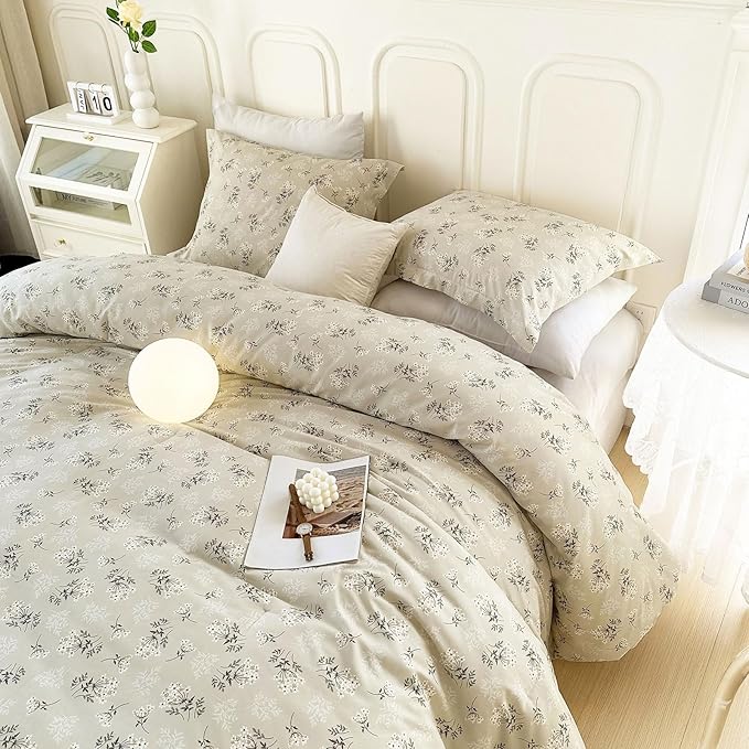 EAVD Boho Floral Comforter Set Full Size Beige Soft Washed Microfiber Bedding Comforter Set with 2 Pillowcases Chic Shabby Garden Floral Botanical Comforter Set for All-Season