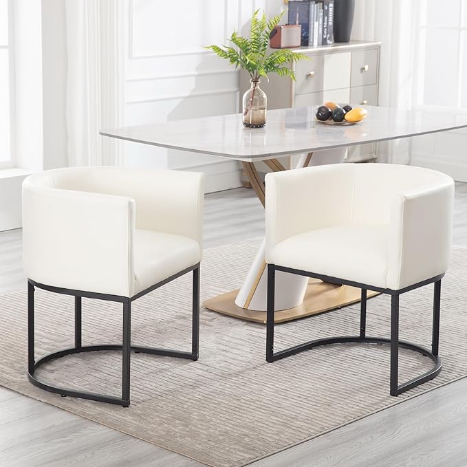 Faux Leather Dining Chairs Set of 4 Modern Barrel Arm Chairs with Black Metal Frame, Upholstered Kitchen Chairs 18.5" Wide Accent Chairs for Living Room Dining Room Restaurant, White