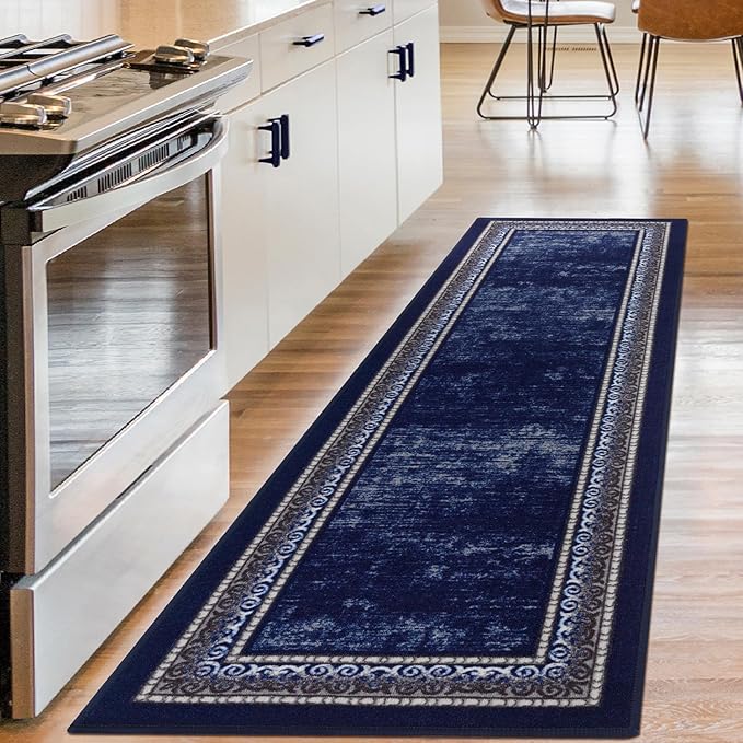 Antep Rugs Alfombras Bordered Modern 2x10 Non-Slip (Non-Skid) Low Pile Rubber Backing Indoor Area Runner Rug (Navy, 2' x 10')