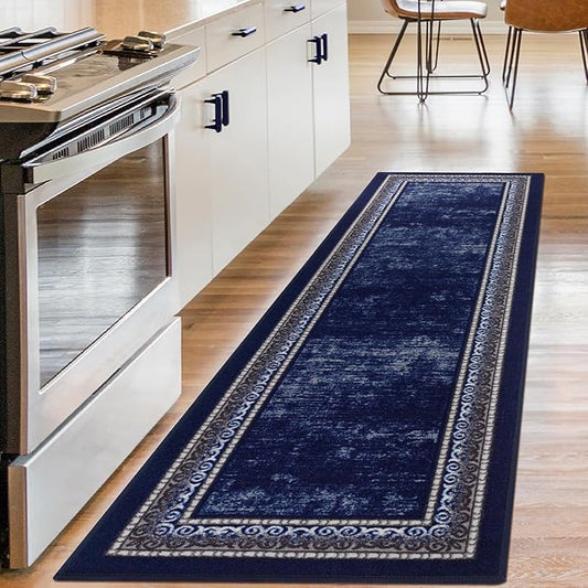 Antep Rugs Alfombras Bordered Modern 2x5 Non-Slip (Non-Skid) Low Pile Rubber Backing Kitchen Area Runner Rug (Navy, 2' x 5')